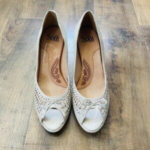 Söfft Leather Peep Toe Heels Size 9M | Woven Cutout Detail | Cream Beige Comfort